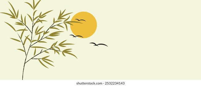 bamboo wall art nature moon and bird flying art natural background vector