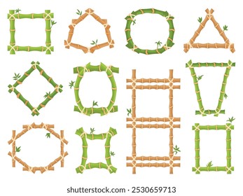 Bamboo wood frames. Green brown sticks with ropes, decorative frame for different design. Organic natural asian plants, neoteric vector set