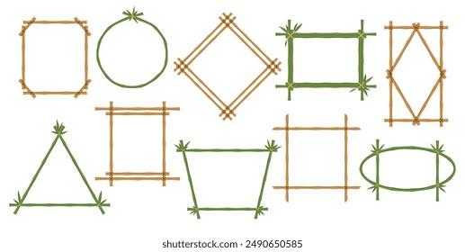 Bamboo wooden frames. Decorative Hawaiian signboards. Green and brown Asian sticks. Segmented tree trunks. Rustic or jungle style. Geometric shapes. Chinese botanical