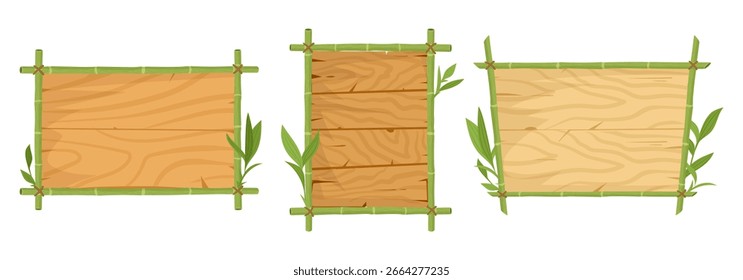 Marcos de madera de bambú. Jungla de bambú bordea con hojas, subgrupos de madera exóticos signos de Ilustración vectorial plana conjunto. Colección de marcos de bambú asiáticos