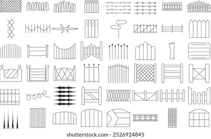 Bamboo, wooden and metal wire fence icon set. Thin line art editable stroke.