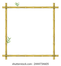 Bamboo wooden squared frame with green leaves realistic vector illustration. Tropical plant square border dry plant stick stem panel boundary with copy space signboard poster banner billboard design