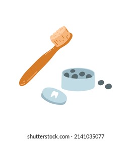 Bamboo wooden toothbrushe and solid toothpaste in tablets in cartoon flat style for healthy teeth cleaning. Zero waste biodegradable material. Eco-friendly natural products isolated on white
