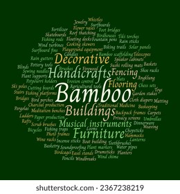 Nube de palabras de bambú. Composición de palabras relacionadas con los usos del bambú. Fondo verde aislado.