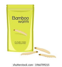 Bamboo Worm Caterpillar insects deep-fried crispy in packaging snack pouch wrapper ready to eating for take away. It is good source of protein edible for future food and entomophagy concept.