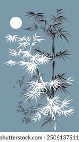 Bamboos presented with Chinese ink painting style. Vector, with solid color background.