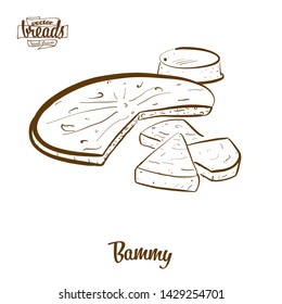 Bammy bread vector drawing. Food sketch of Flatbread, usually known in Jamaica. Bakery illustration series.