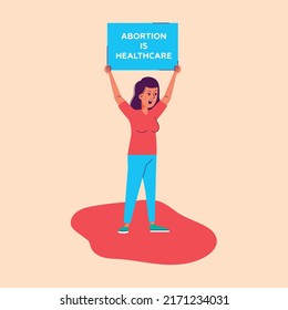 Ban abortion in the USA. Flat cartoon illustration with young woman protests against law violates women's rights to terminate a pregnancy. Protection of human rights. Pro life. My body my choise