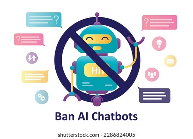 AI-Chatbots verboten. Unterschreiben Sie Roboter, künstliche Intelligenz stoppen. Chatterbots verboten Symbol Zeichen einzeln auf weißem Hintergrund. Bots sind nicht erlaubt. Roboter, Cyborg-Verbot. Vektorgrafik