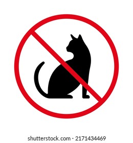 Ban Black Cat Silhouette Icon. Forbidden Kitten Sitting Rule Pictogram. Pussycat Red Stop Circle Symbol. No Allowed Pet Kitty Sign Profile View. Prohibited Mammal Animal. Isolated Vector Illustration.