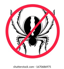 Ban black spider icon in red circle isolated on white background for website flat vector illustration. Transparent and back. Widow. Arachnophobia. Phobia. Danger symbol. Graphic element. Insect animal