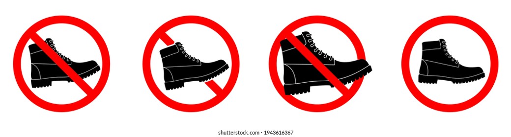 Ban boots icons. Hiking boots prohibition sign. Set of STOP signs. Vector illustration. The hiking boots with red ban sign.