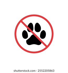 Icono de silueta negra de zona de entrada de perro Ban Cat. Prohíbe la entrada con Animal Pictogram. Símbolo de parada roja de huella de pata. No Se Permite La Señal De Paseo De Mascotas. Prohibir