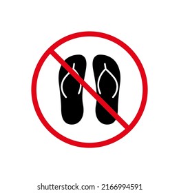 Prohibir Flip Flop Slipper Summer Black Silhouette Icon. Pictograma de arena de playa prohibido. Aviso No Casual Foot Red Stop Circle Symbol. Prohibido Flip Flop Slipper Sign. Ilustración de vectores aislados.