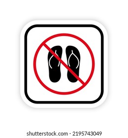 Prohibir Flip Flop Slipper Summer Black Silhouette Icon. Pictograma de arena de playa prohibido. Aviso No Casual Foot Red Stop Circle Symbol. Prohibido Flip Flop Slipper Sign. Ilustración de vectores aislados.