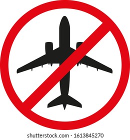 Ban flying. forbidden sign with airplane glyph icon. Stop symbol silhouette. No flying zone prohibition. Negative space. Vector illustration