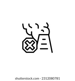 Ban forbidden smoke fog power plant. Vector line icon black and white with green eco energy theme