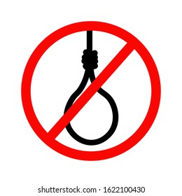 Ban gallows. Stop gallows. It is forbidden to death by hanging. Emblem against death penalty. Red prohibition sign.