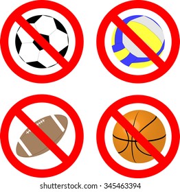 Ban game with ball icon set. Volleyball and football, competition soccer and basketball, information attention stop badge, forbidden mark. Vector art design abstract unusual fashion illustration