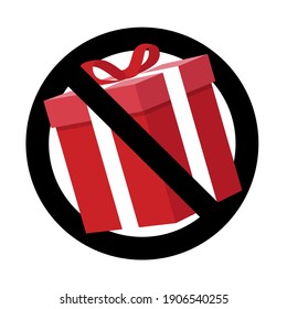 Ban gift symbol, no present for birthday and christmas. Forbidden package surprise, birthday parcel stop. Vector illustration