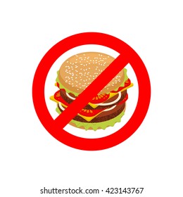 Ban hamburger. Stop fast food. Strikethrough juicy burger with cutlets. Emblem against unhealthy food. Red prohibition sign. Forbidden harmful food