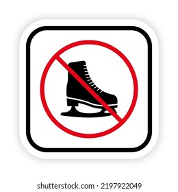 Prohibir el icono de silueta negra en la pista de hielo. Pictograma de patinaje artístico prohibido. Símbolo de paro rojo del patinador. No se permite el signo de recuperación de área de rosca. Prohibido el arranque en invierno de la pista de hielo. Ilustración de vectores aislados.