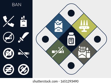 ban icon set. 13 filled ban icons. Included Alcohol, No food, No phone, No photo, smoke, smoking, Weapons, calls, Cigarettes, Weapon, Cigarette icons