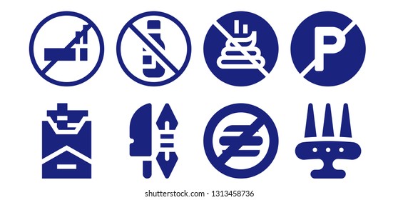 ban icon set. 8 filled ban icons.  Simple modern icons about  - Cigarette, No smoking, Weapon, No alcohol, No food, poop, parking