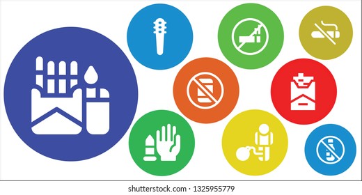 ban icon set. 9 filled ban icons.  Collection Of - Cigarette, Weapons, No smoking, No weapons, Restriction, No phone, alcohol