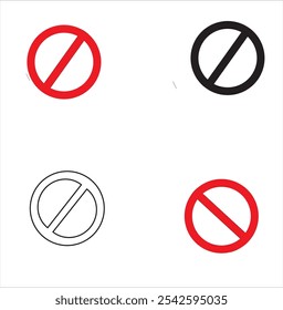 ban icon symbolizing restriction or prohibition. This simple,bold icon features a circular red outline with a diagonal slash through center, signifying 'no entry,' 'restricted access,''prohibited.'