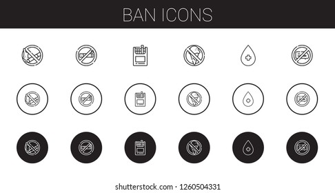 ban icons set. Collection of ban with no smoking, no smoke, cigarettes, no food, alcohol, no chatting. Editable and scalable ban icons.