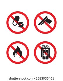 Ban Illegal Drug, dynamite, Take Pill, Gun Silhouette Icon Set. Danger Addiction, Warning Weapon Forbidden Zone Pictogram. Narcotic Stop Symbol. Vector Illustration stock illustration.