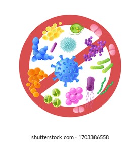 Ban infection, virus, bacteria, virus cell, bacillus, disease bacterium and fungi cells sign. Infectious germs, protists, microbes, coronavirus. Stop coronavirus pandemic COVID-19 cartoon illustration