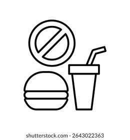 Ban junk food icon Editable line art with burger soda and prohibition sign for healthy lifestyle or diet warning message