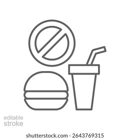 Banir o ícone de junk food Arte editável linha com hambúrguer refrigerante e sinal de proibição para estilo de vida saudável ou dieta mensagem de aviso