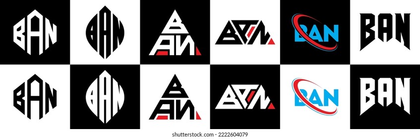 BAN letter logo design in six style. BAN polygon, circle, triangle, hexagon, flat and simple style with black and white color variation letter logo set in one artboard. BAN minimalist and classic logo