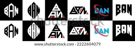 BAN letter logo design in six style. BAN polygon, circle, triangle, hexagon, flat and simple style with black and white color variation letter logo set in one artboard. BAN minimalist and classic logo