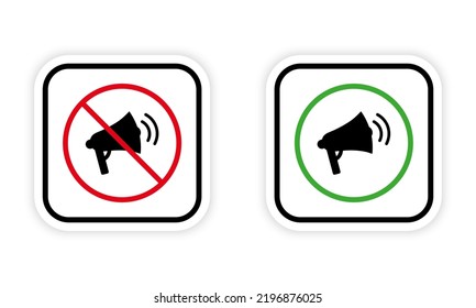 Ban Loud Speaker Zone Public Place Red Forbidden Round Sign. Loudspeaker Black Silhouette Icon Set. Bullhorn Sound Allowed Area Green Symbol. Warning No Loud Megaphone. Vector Illustration.