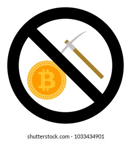 Ban mining crypto coin symbol. Ban and stop mine btc. Vector forbidden crypto commerce mining illustration