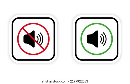 Ban Noise Notification Zone Red Forbidden Round Sign. Sound Off Mute Mode Black Silhouette Icon Set. Loud Sound Allowed Area Green Symbol. Warning Keep Silence. Isolated Vector Illustration.