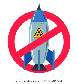 ban nuclear weapons. forbidden red sign. peaceful life. iron bomb. vector flat illustration