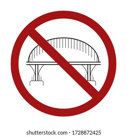 Ban on the construction of bridges. Outline drawing of a bridge on columns in a sign of prohibition. Vector prohibition sign for logos, icons and your design