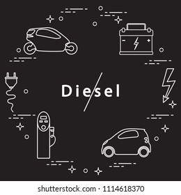 Ban on diesel engines. Transport is environmentally friendly. Electric cars, battery, charging station, electrical safety sign, cable, electrical plug. Transport eco technologies. 