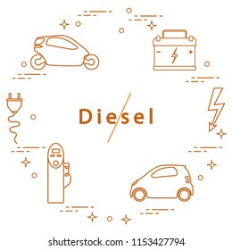 Ban on diesel engines. Transport is environmentally friendly. Electric cars, battery, charging station, electrical safety sign, cable, electrical plug. Transport eco technologies. 