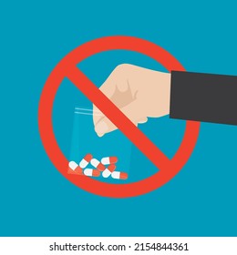 Ban On Distribution Of Illegal Synthetic Drugs. Hand With Pills In Red Warning Circle. Illegal Sale Of Illicit Drugs. Illegal Actions. Narcotic Pills In Packaging. Flat Vector Illustration