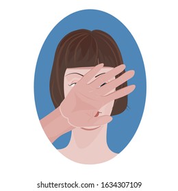 Ban on face recognition. portrait of a Woman with a hand covering her face.  The concept of privacy and personal integrity. Vector illustration.