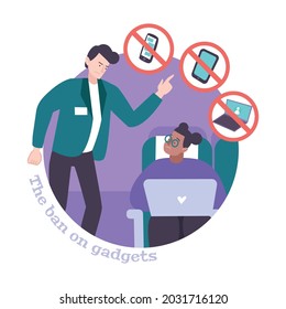 Ban On Gadgets During Flight Flat Composition With Angry Steward Asking Passenger Turn Off Laptop Vector Illustration