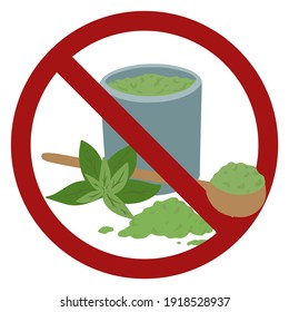 Ban on Japanese matcha tea. Green tea with spoon of powder, foliage in a prohibition sign. Allergy risk. Vector forbidden sign for stickers, icons, badges and your designs.