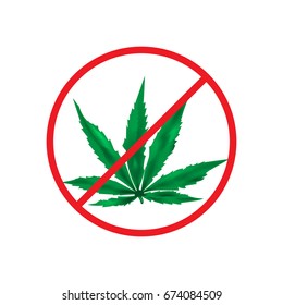 Ban on a leaf of marijuana, on white background