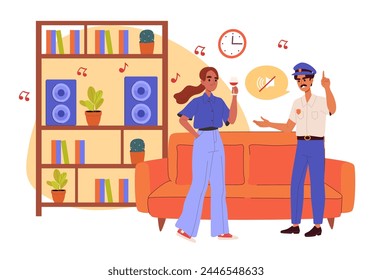 Ban on listening to music. Policeman angry to woman with loud audio. Bad neighboor. Young girl with illegal evening party or disco. Cartoon flat vector illustration isolated on white background